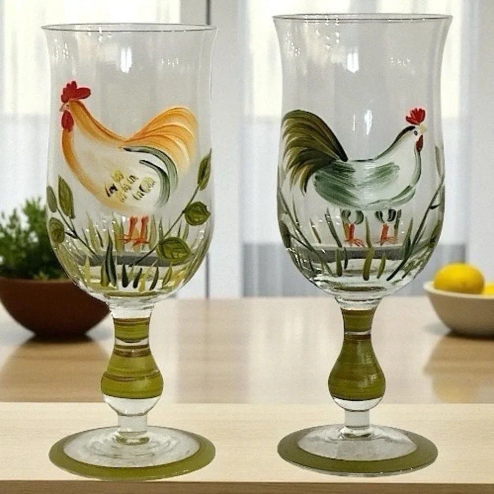 Country Farm House 2 Peice Glass Hand Painted Chicken Glass Set